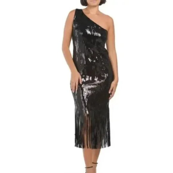 NWT $198 Stunning! NANETTE LEPORE Black Sequin One Shoulder Fringe DRESS 14 - Picture 1 of 8